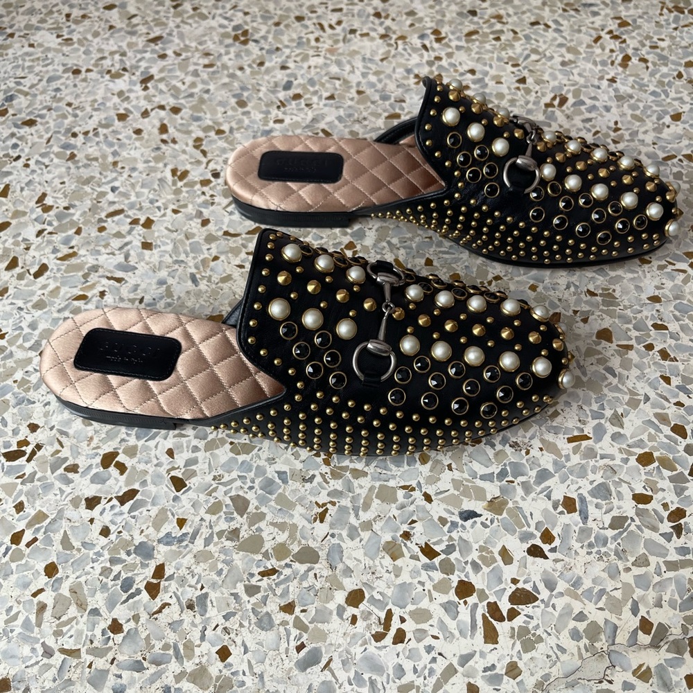 Gucci Princeton Pearl Studded Mules NWT! 37/7 black Horsebit NEVER WORN! Leather - Picture 4 of 9